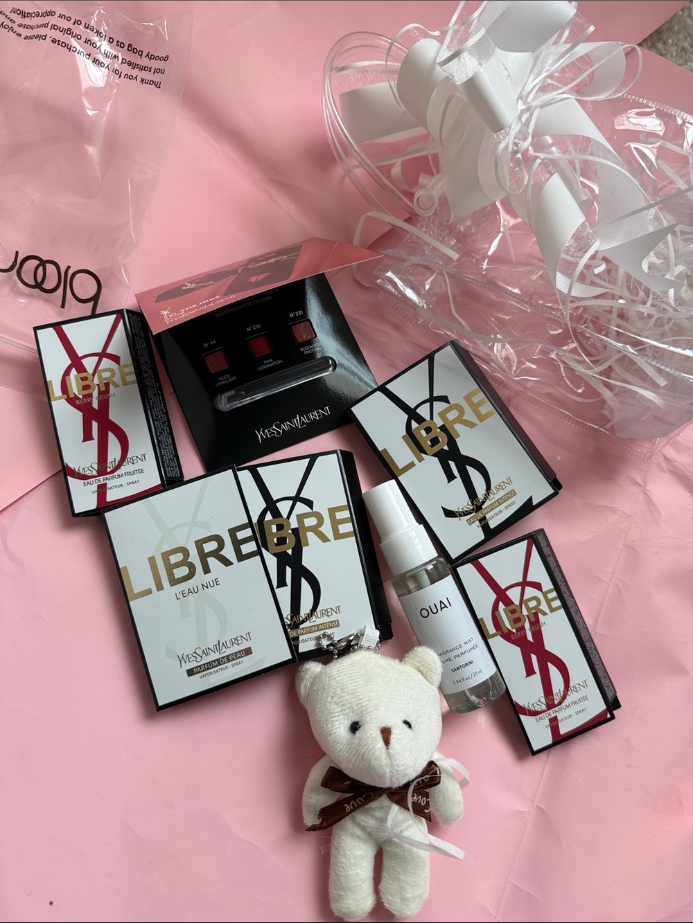 YSL goodies gift bag with bear toy and bow Ysl lipstick ysl libre etc